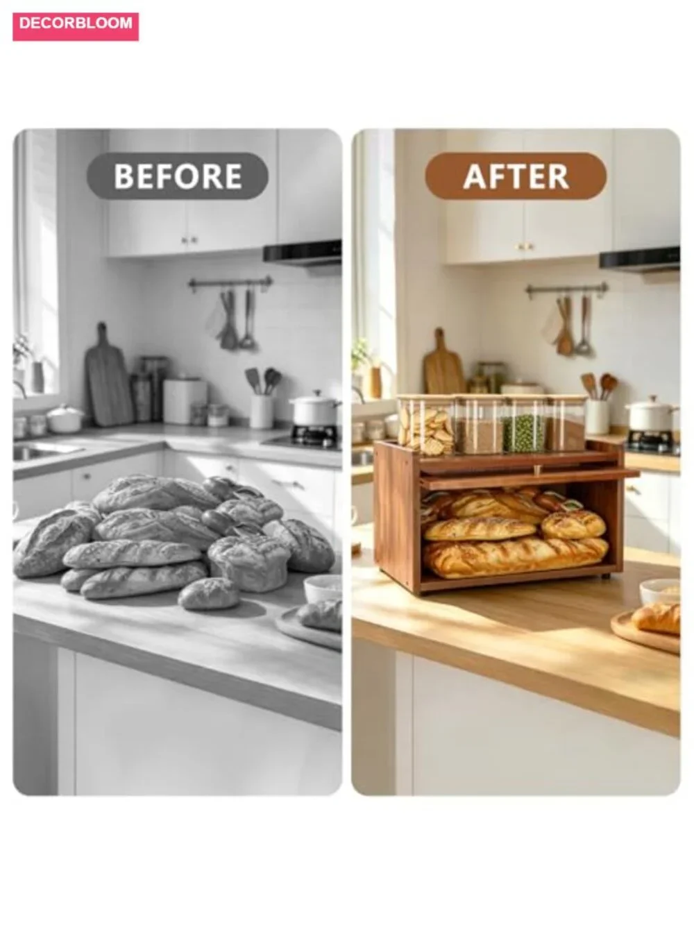 Wooden Bread Box for Kitchen Countertop with Acrylic Door, Flat Top Storage,